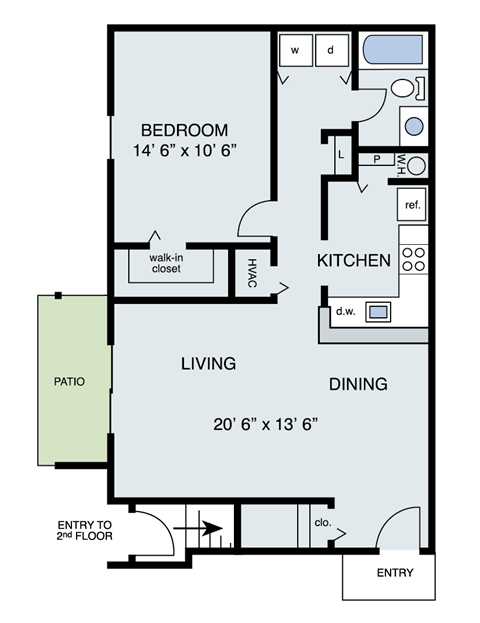Floor plan for 1 bed, 1 bath, 799 sqft